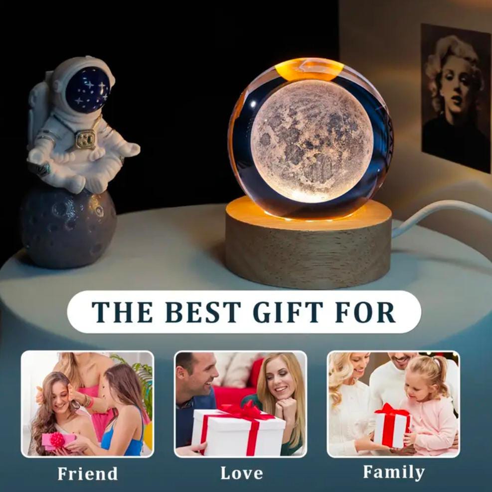 3D Galaxy Crystal Ball Night Light – Engraved Solar System Lamp with LED Wooden Base