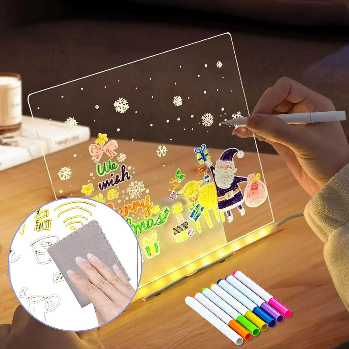 LED Light-Up Writing Board with 7 Markers – 15×15 cm Acrylic Message Pad with Stand