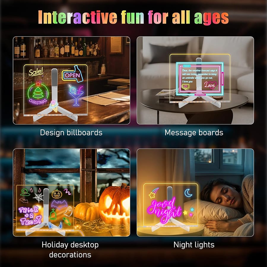 LED Light-Up Writing Board with 7 Markers – 15×15 cm Acrylic Message Pad with Stand