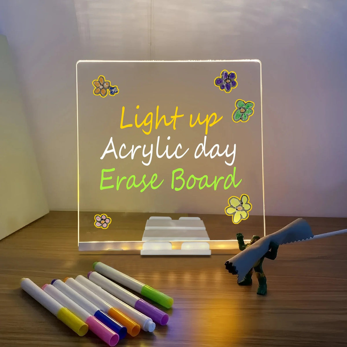 LED Light-Up Writing Board with 7 Markers – 15×15 cm Acrylic Message Pad with Stand