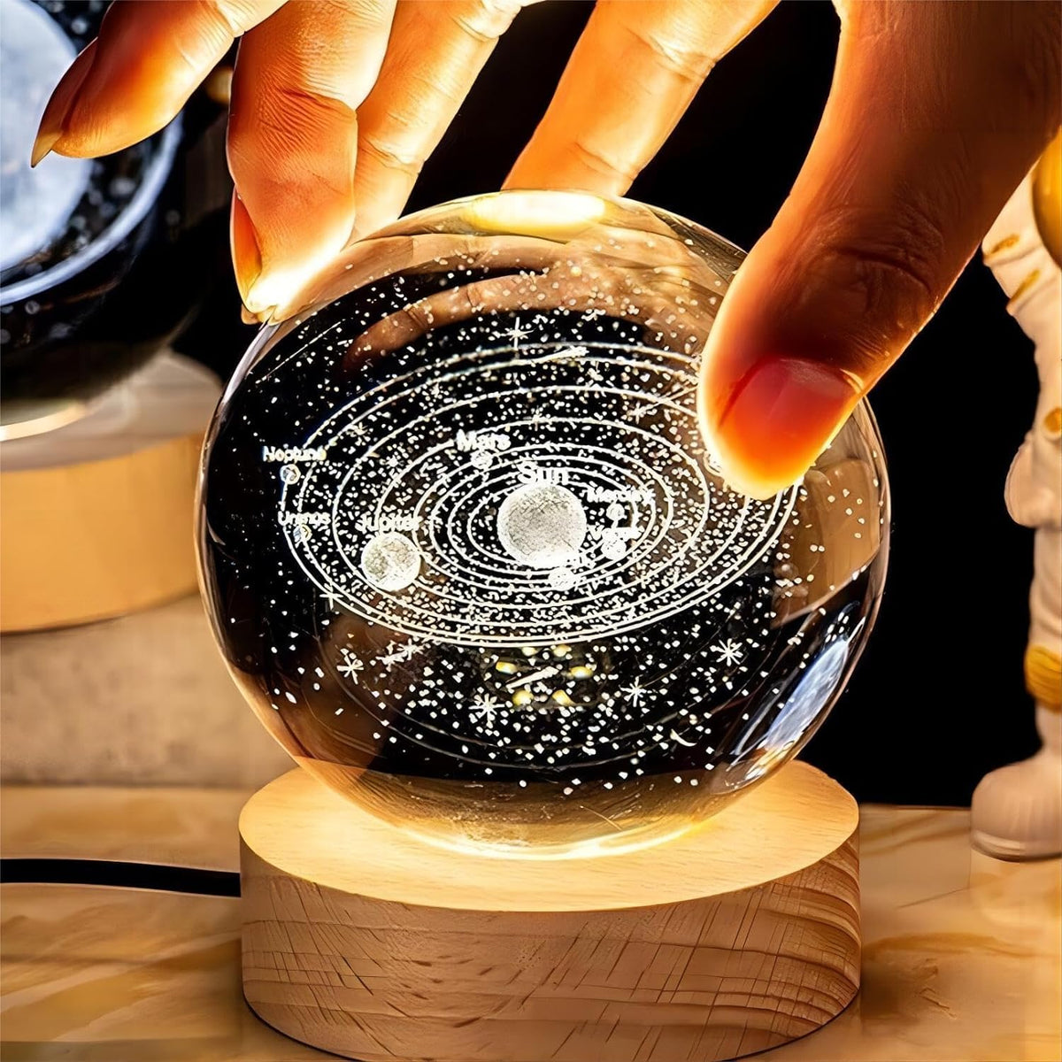 3D Galaxy Crystal Ball Night Light – Engraved Solar System Lamp with LED Wooden Base