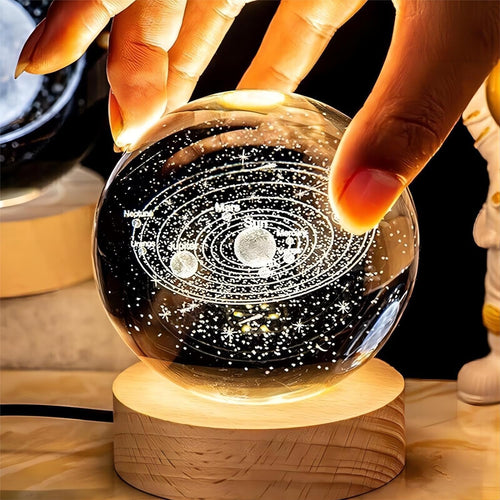 3D Galaxy Crystal Ball Night Light – Engraved Solar System Lamp with LED Wooden Base