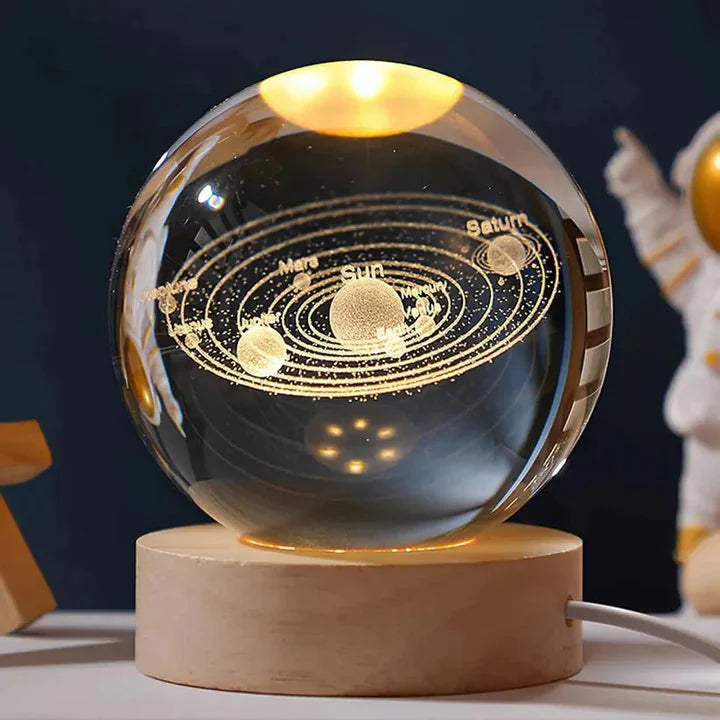 3D Galaxy Crystal Ball Night Light – Engraved Solar System Lamp with LED Wooden Base