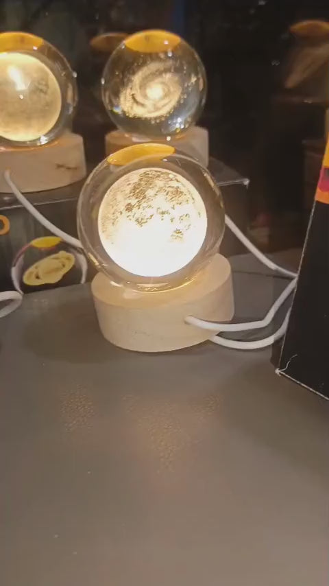 3D Galaxy Crystal Ball Night Light – Engraved Solar System Lamp with LED Wooden Base